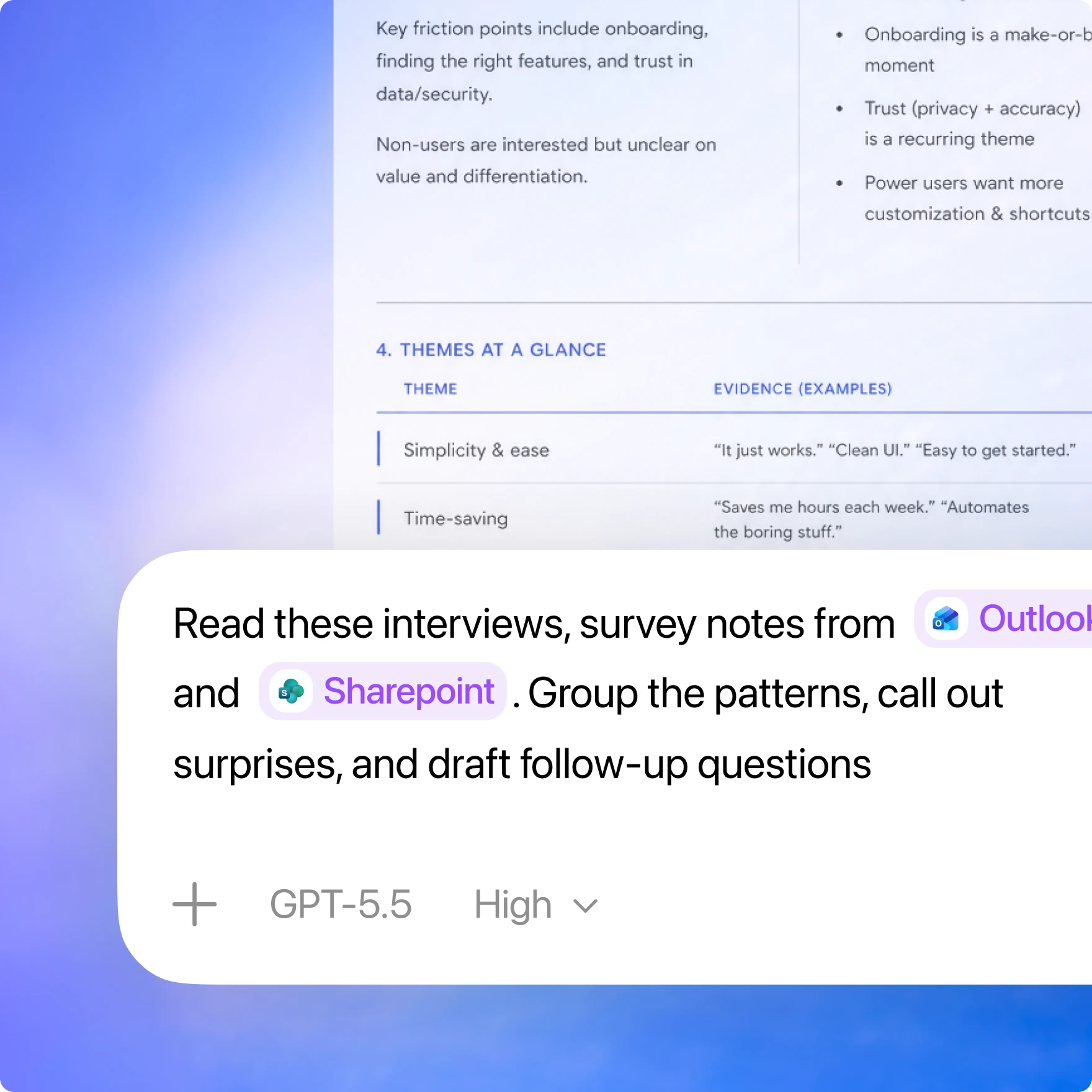 Codex prompt card for reading interviews and survey notes from Outlook Email and SharePoint.
