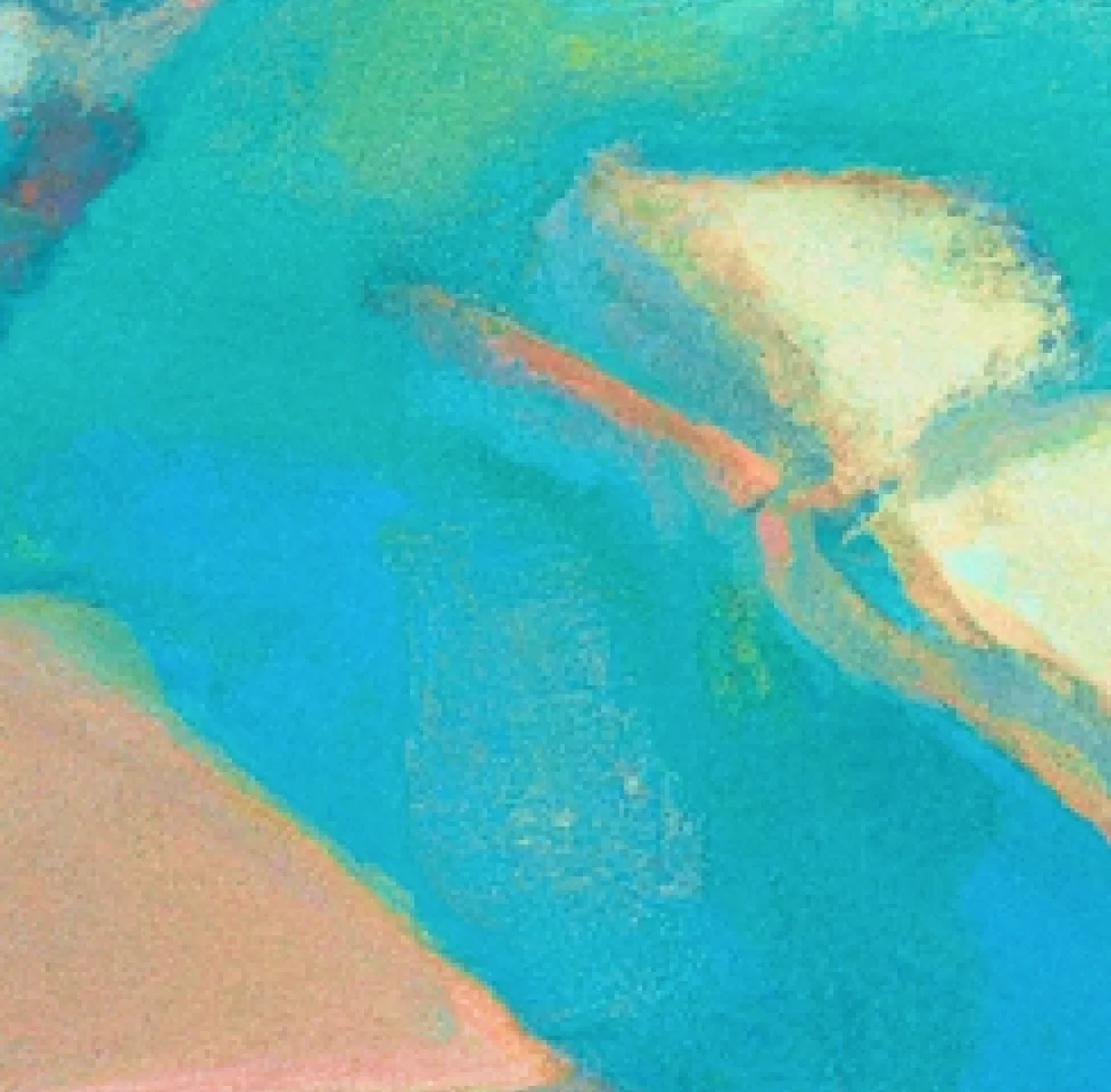 Ein abstraktes Kunstwerk in Türkis-, Pfirsich- und Weißtönen. Die Farben verschmelzen zu weichen, fließenden Formen und erinnern an eine ruhige, unterwasserähnliche Szenerie oder an ein aufgeschlagenes Buch in sanfter Bewegung, wodurch eine friedliche, verträumte Atmosphäre entsteht.