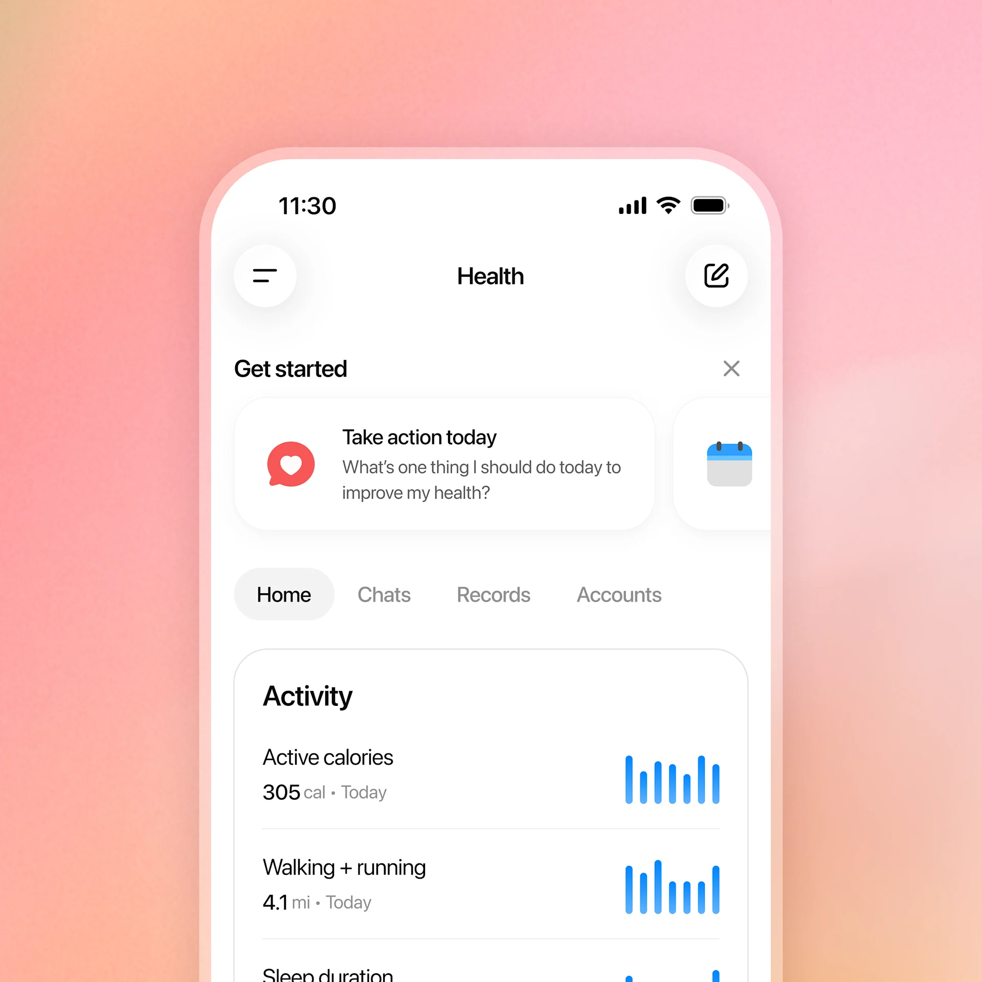 ChatGPT Health home screen showing a suggested prompt and recent activity data for calories, distance, and sleep.