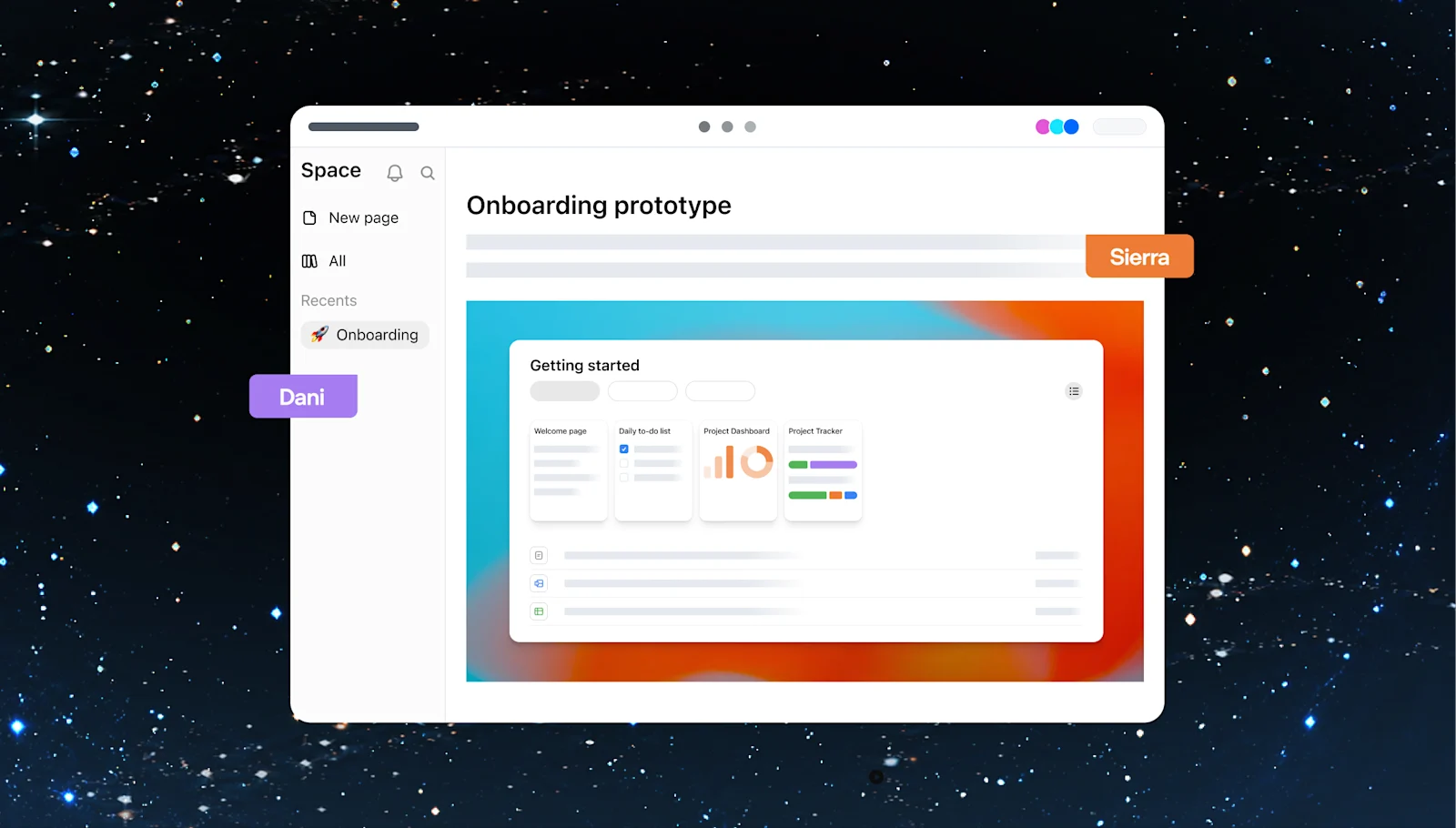 An onboarding prototype displayed on a shared page in Space, with teammate cursors and a sidebar.