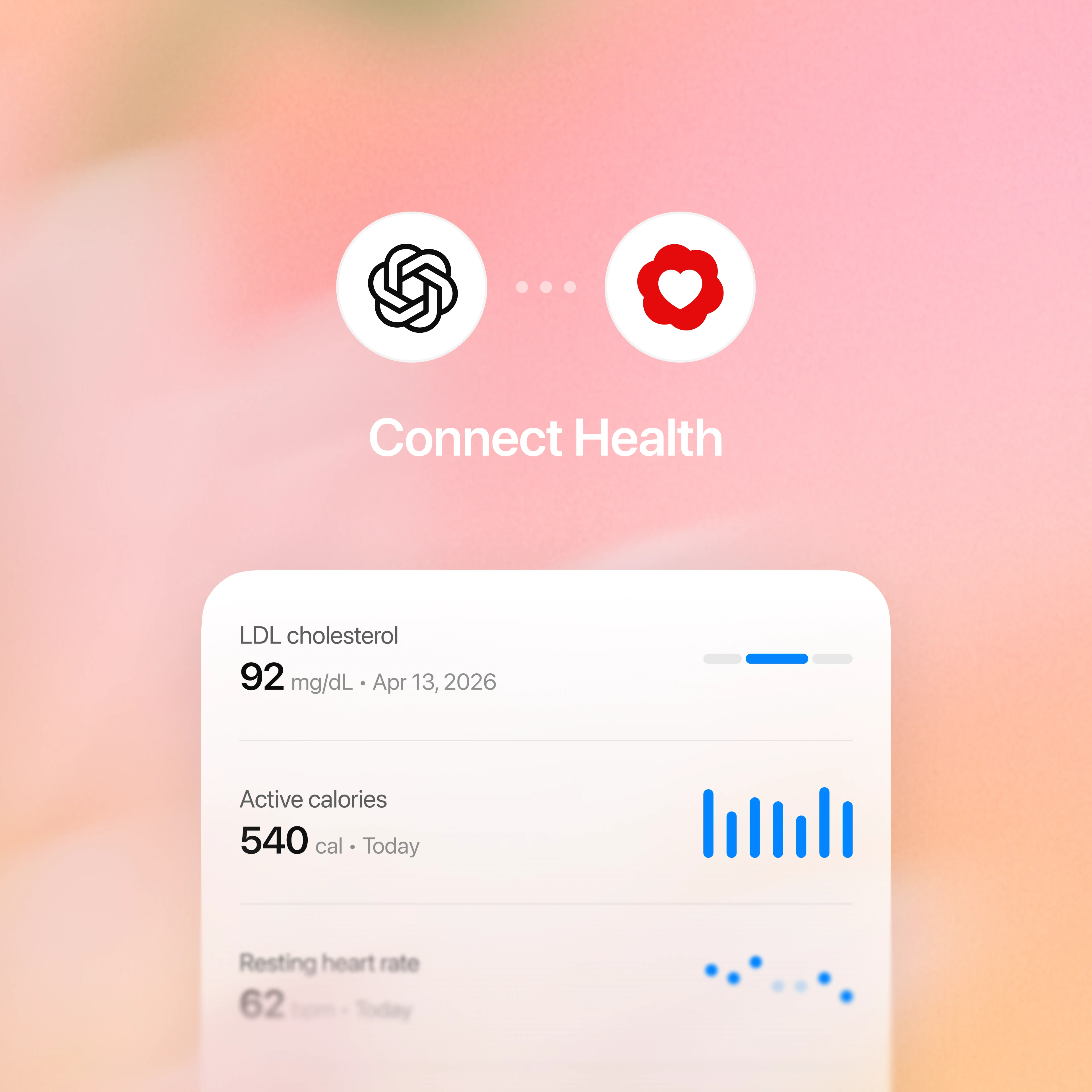 Connect Health screen showing ChatGPT and Health icons connected above health metrics.