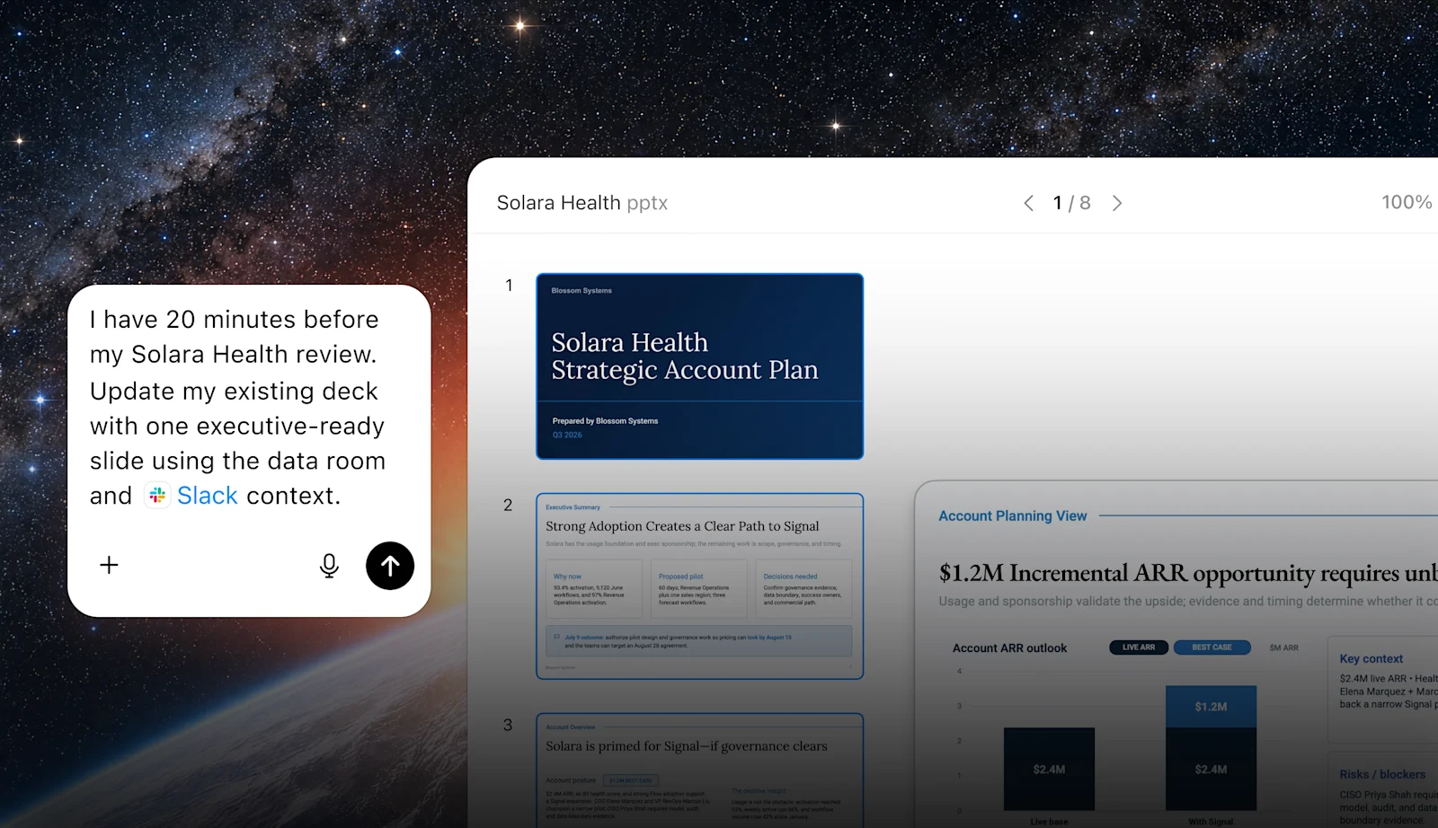 ChatGPT 使用資料室和 Slack 脈絡，更新 Solara 健康策略客戶計畫簡報。