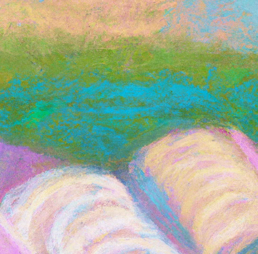 Ein abstraktes, strukturiertes Kunstwerk mit sanften Pastellfarben in Grün-, Blau-, Rosa- und Cremetönen. Die Farben gehen so ineinander über, dass der Eindruck einer natürlichen Landschaft oder einer verträumten Atmosphäre entsteht, mit geschwungenen Formen, die Bewegung oder sanfte Hügel andeuten.