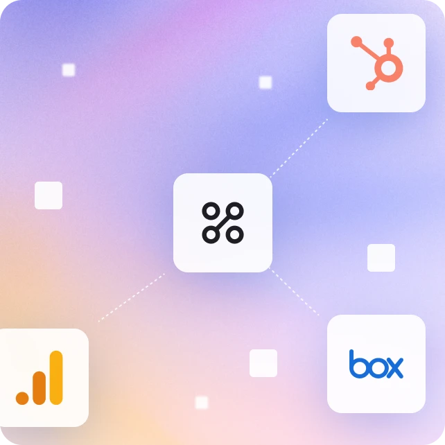 Abstract illustration showing a central icon representing connectors linked by dashed lines to logos of other platforms, including HubSpot, Google Analytics, and Box, symbolizing integration and data connection across services.