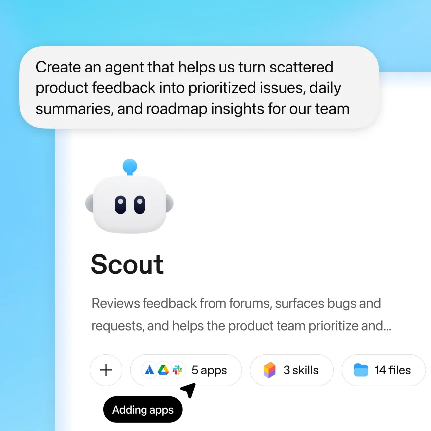 Screenshot of an agent builder interface creating Sola the Product Feedback agent, designed to review feedback, surface bugs and requests, and help product teams prioritize work.”