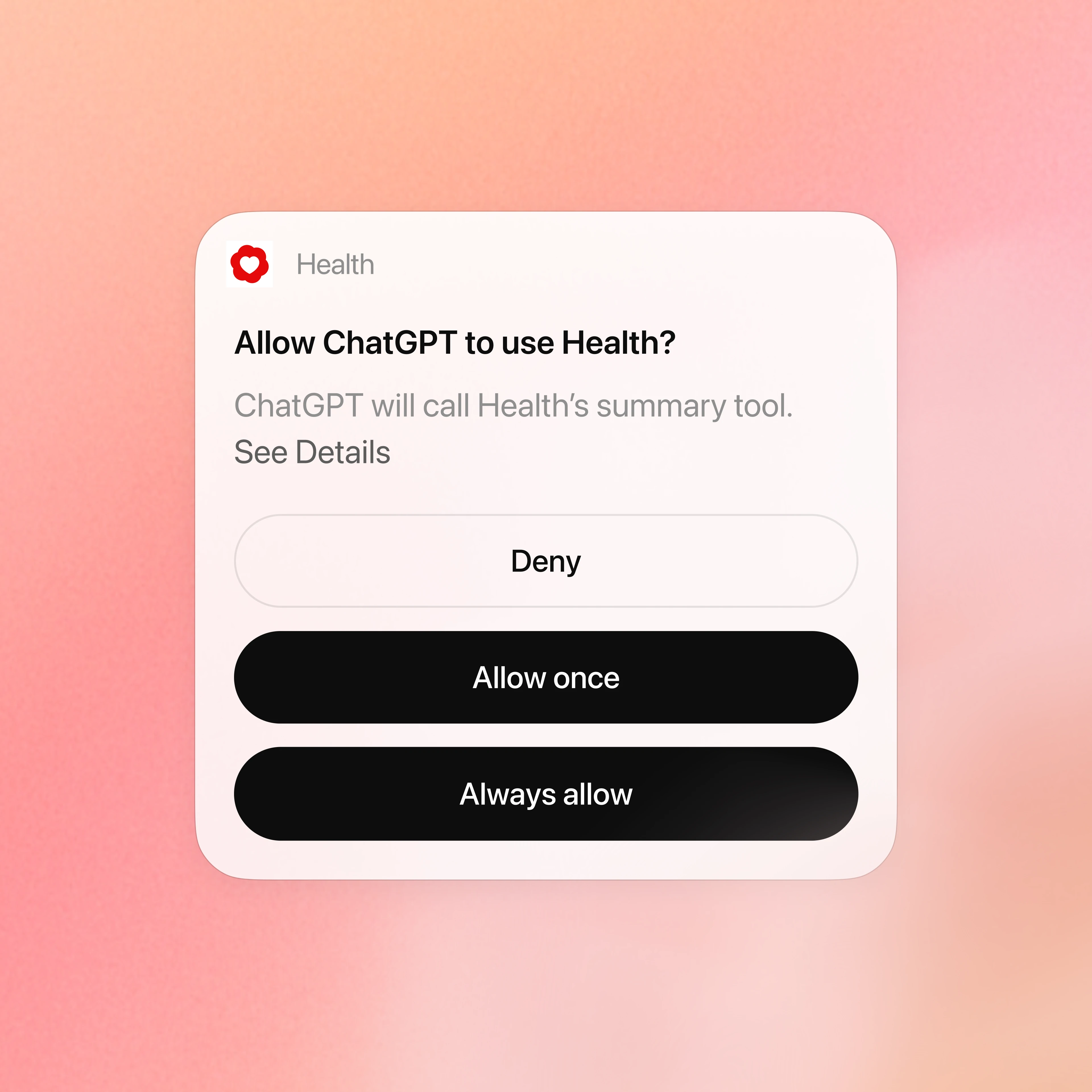 Health permission dialog asking whether to allow ChatGPT to use Health.
