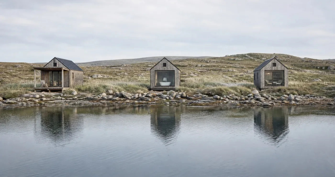 Tidal House website preview with waterside cabins reflected in calm water.