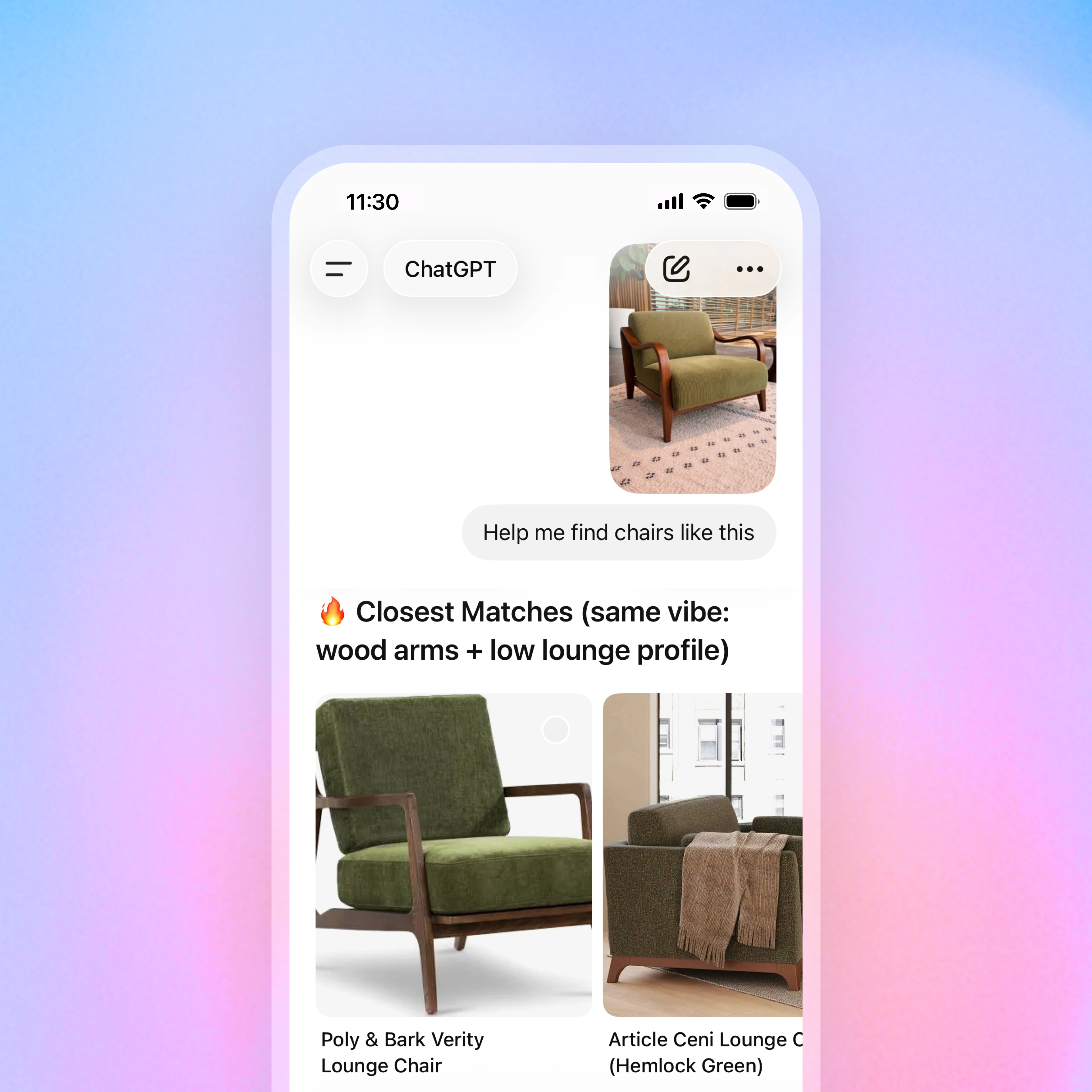 A ChatGPT mobile interface shows a user asking for a ceramic housewarming gift under $100. ChatGPT responds with a curated list, including ceramic bowl sets with images, prices, and Etsy listings.