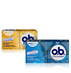 Billede af to stykker O.B. ProComfort Normal og Super. Produktet har tre eller fire dråber blod, hvilket indikerer, at de er egnede til normal og kraftig menstruation.