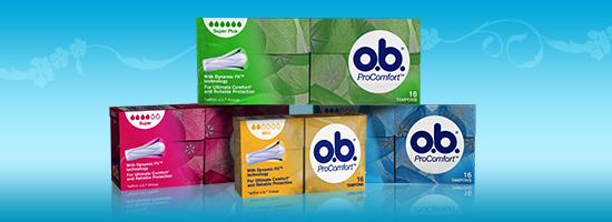 Billede af forskellige produkter fra o.b. tamponer. O.b. Original og o.b. ProComfort. 