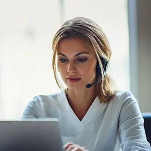 Woman on bluetooth headset coordinating care for patients at Hoag