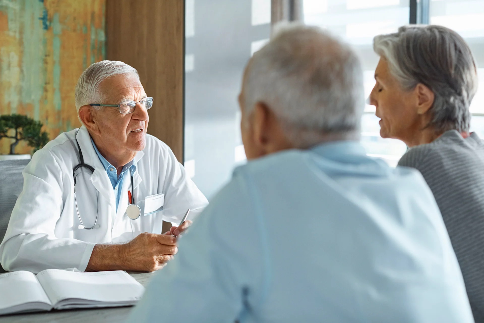 Older physician speaking to elderly couple at table
