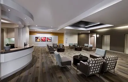 A waiting room at a radiation oncology care facility