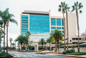 Sue & Bill Gross Women’s Pavilion exterior shot with palm trees in foreground