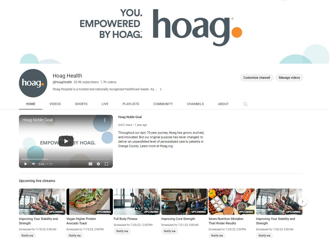 A screenshot of Hoag's YouTube page