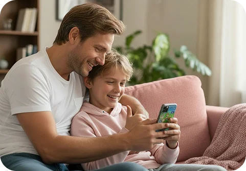 Far og søn kigger på mobil sammen.