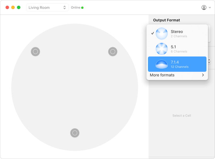 Set the desired number of output channels using the Output Format menu in the right sidebar.