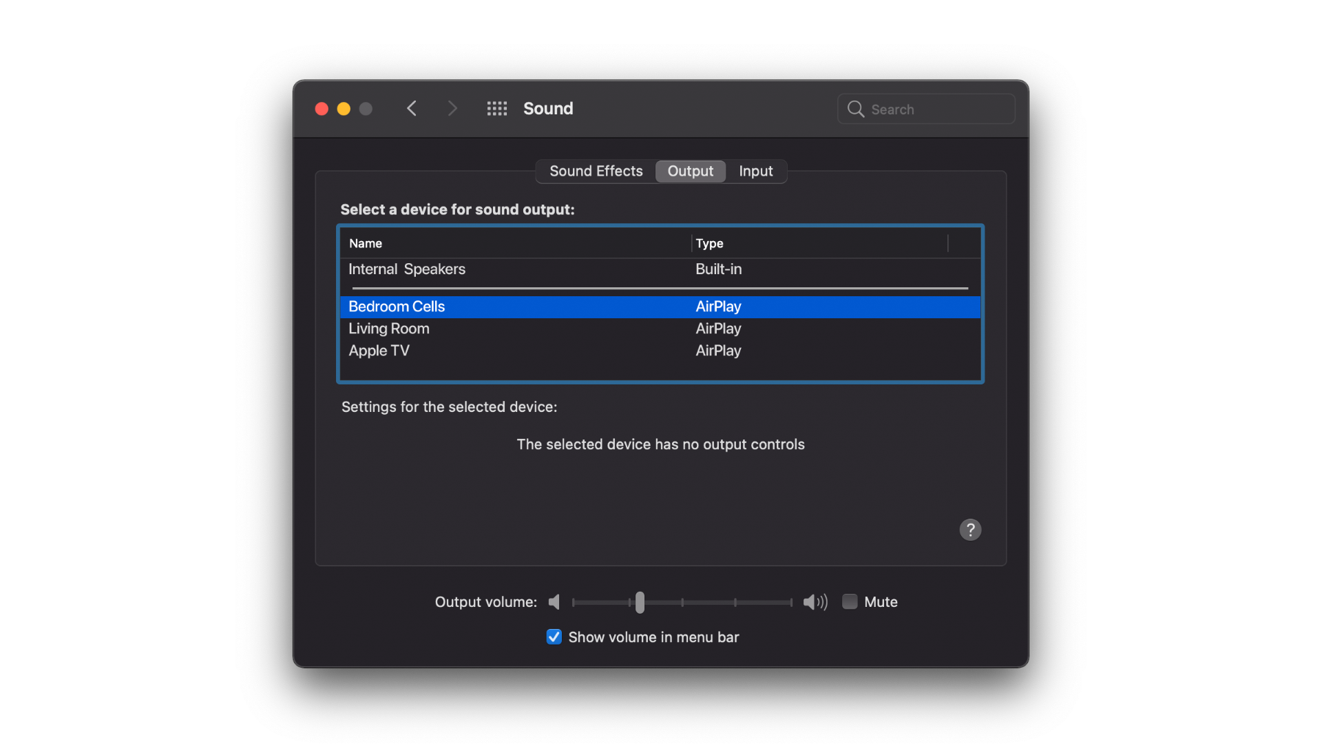 macOS Sound Output list