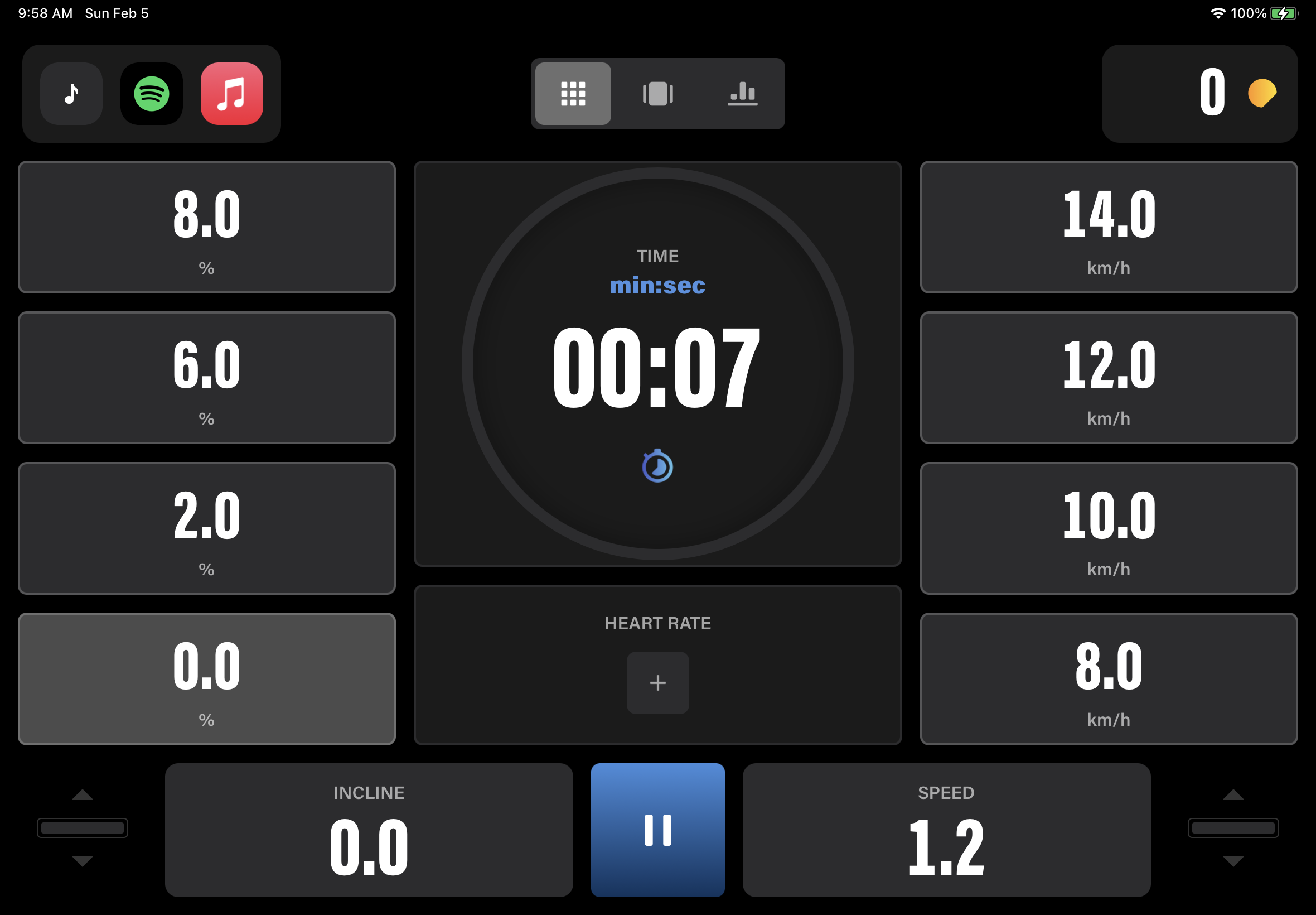 A screenshot of the Swiftpad view during a workout, showing preset options for various speeds and inclines, and a large timer in the center.