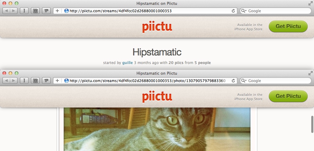 A screenshot of Piictu in Safari, showing the URL rewriting in action.