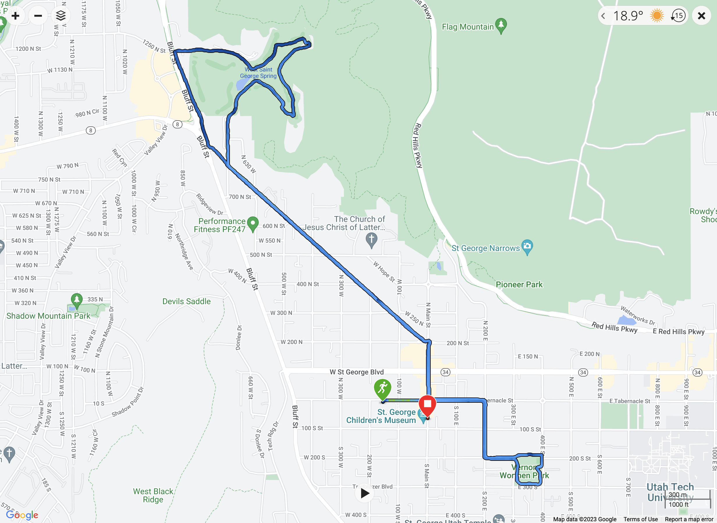 A screenshot of a Garmin Connect map showing the route of the run leg of Ironman 70.3 St. George.
