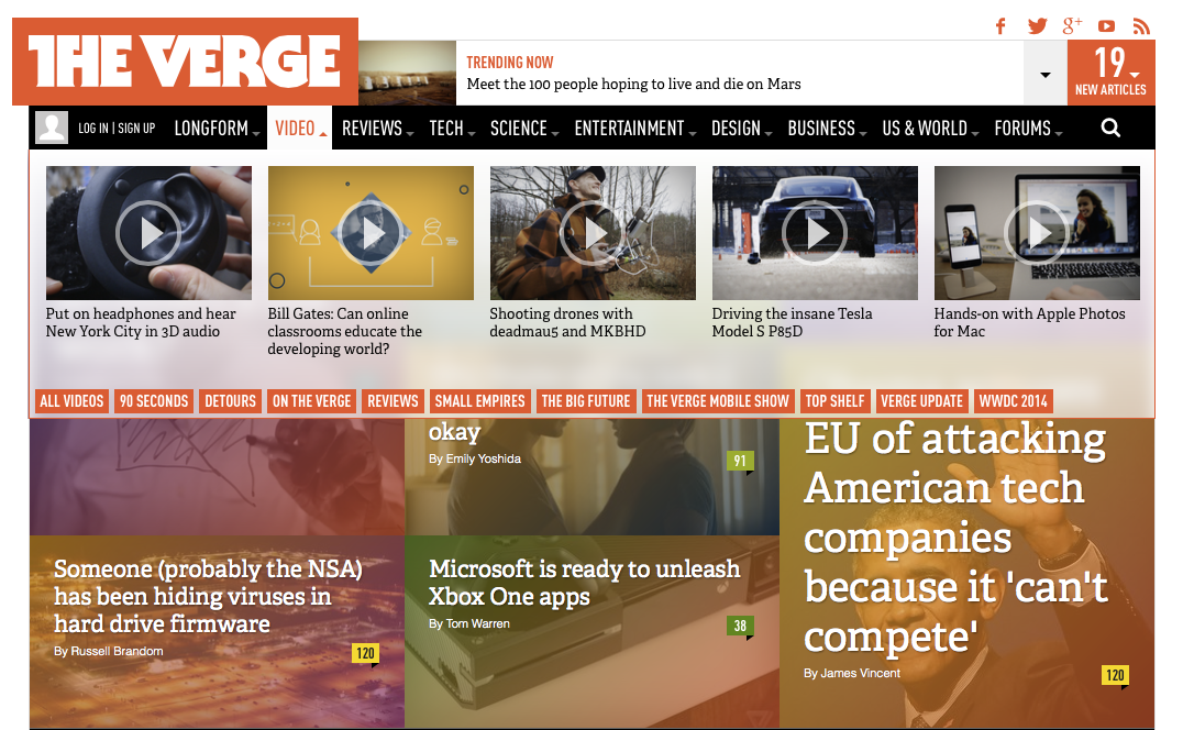 A screenshot of the front page of The Verge, showing a transparency effect on the main navigation.