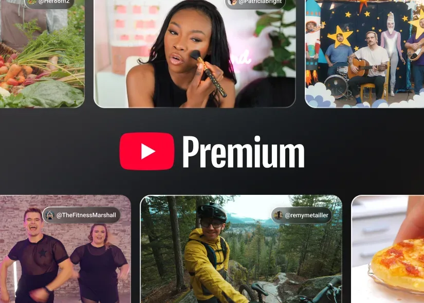 The YouTube Premium logo with a collage of icons and screenshots of popular content.