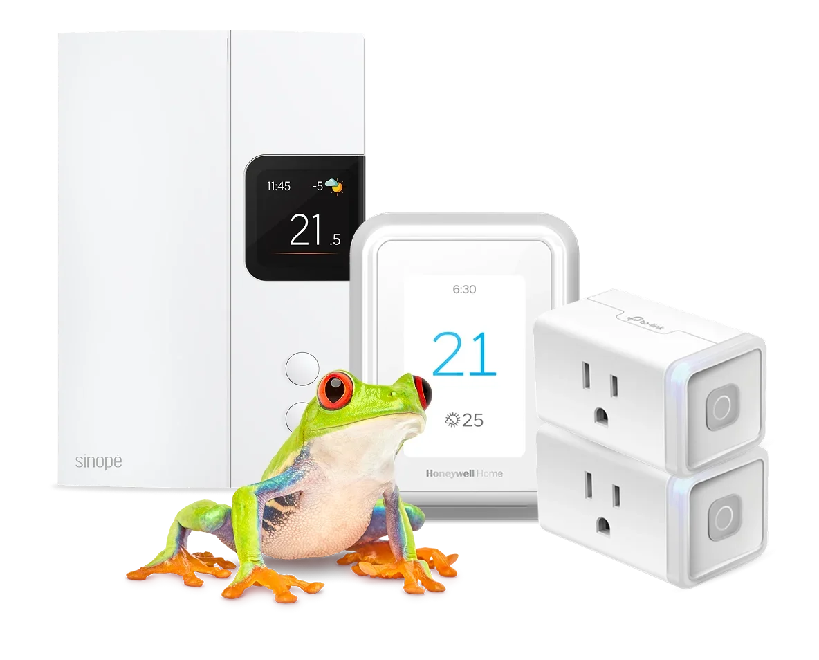 A frog sitting at the front of a smart thermostat and other various SmartEnergy devices.