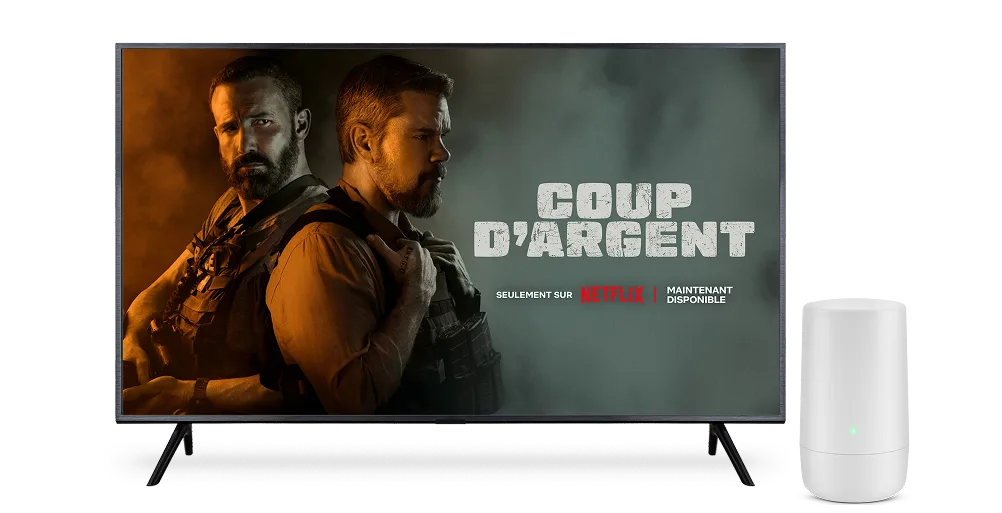 Un téléviseur affichant Coup D’Argent sur Netflix avec un routeur Internet à côté.