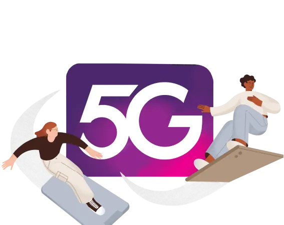 A 5G logo next to an illustration of two people surfing on smartphones, indicating the speed of the network.