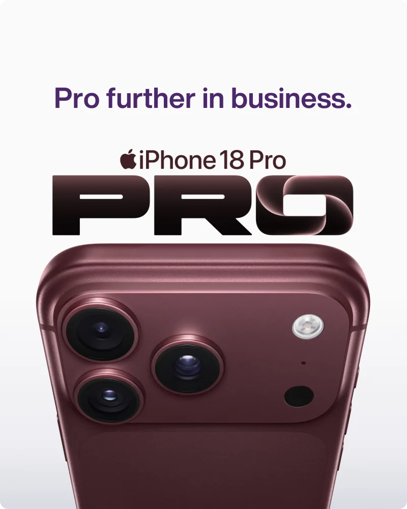 Burgundy iPhone 18 Pro leaning forward with camera visible. Above headline states, “Pro further in business”.