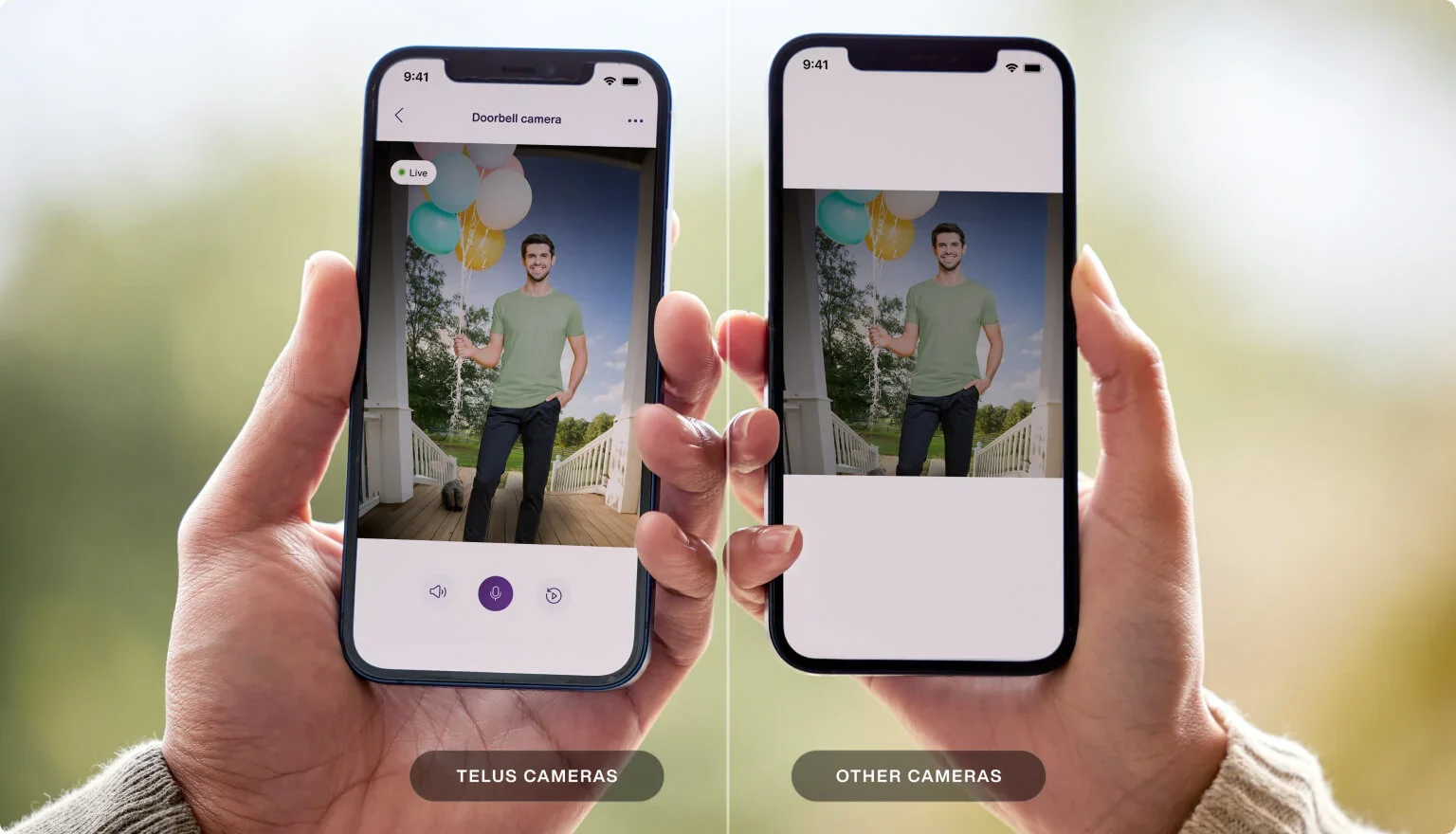 One hand holds up a view from a TELUS Doorbell Camera with a full image featuring a 3:4 aspect ratio. Compared with other camera showing footage that is cropped and not showing the full picture.