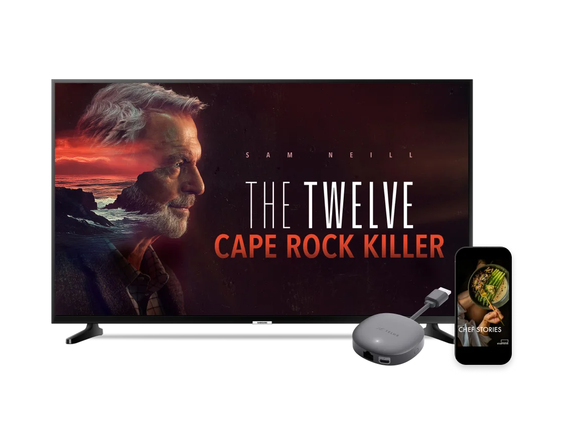 A TV showing the Australian drama The Twelve: Cape Rock Killer and a phone showing the documentary Chef Stories.
