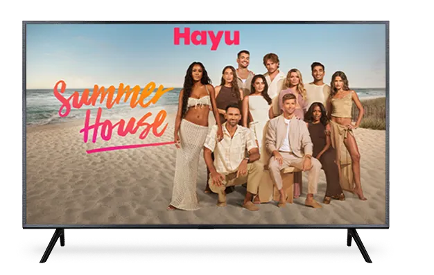 A TV displaying the 'Summer House' poster. The logo for Hayu is visible at the top center.