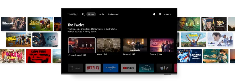 A screen displaying the TELUS TV+ app home menu. Surrounding the main screen, two screens show additional content including Dark Winds, Cape Fear, Silo, The Bear, among others.