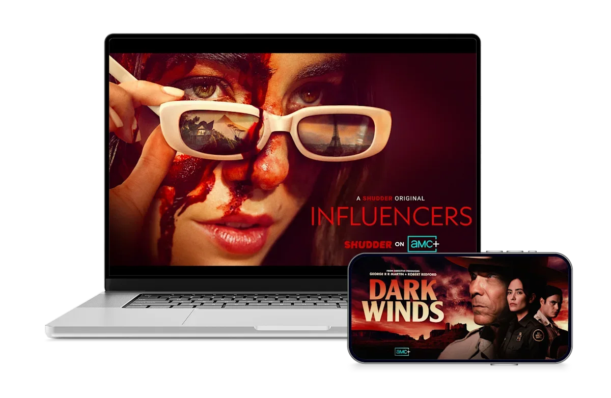 A laptop and smartphone. The device screens display the posters for Influencers and Dark Winds.