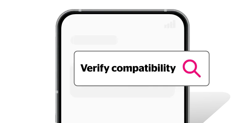 A smartphone showing a search bar with “verify compatibility”.