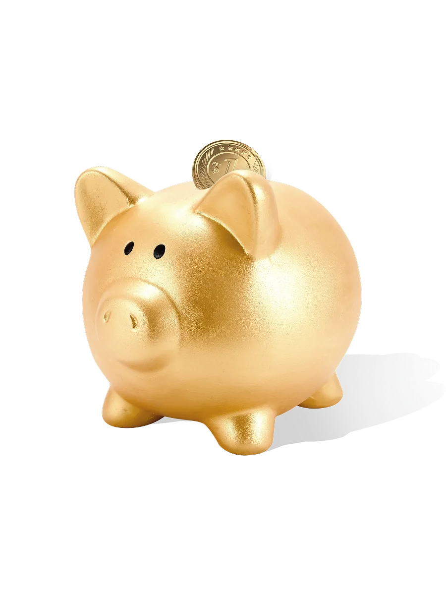 A gold coin getting dropped into a gold piggy bank.