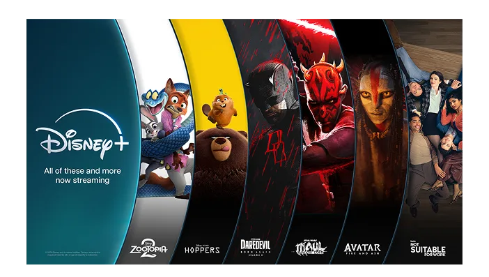 A Disney+ poster featuring ‘Zootopia 2’, ‘Hoppers’ ‘Daredevil: Born Again Season 2’, ‘Maul’, ‘Avatar: Fire and Ash’ and ‘Not Suitable for Work’.