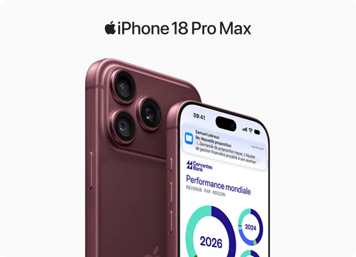 Face avant et arrière de l’appareil iPhone 18 Pro Max bourgogne. L’écran de l’appareil orienté vers l’avant affiche des notifications et analyse commerciale.