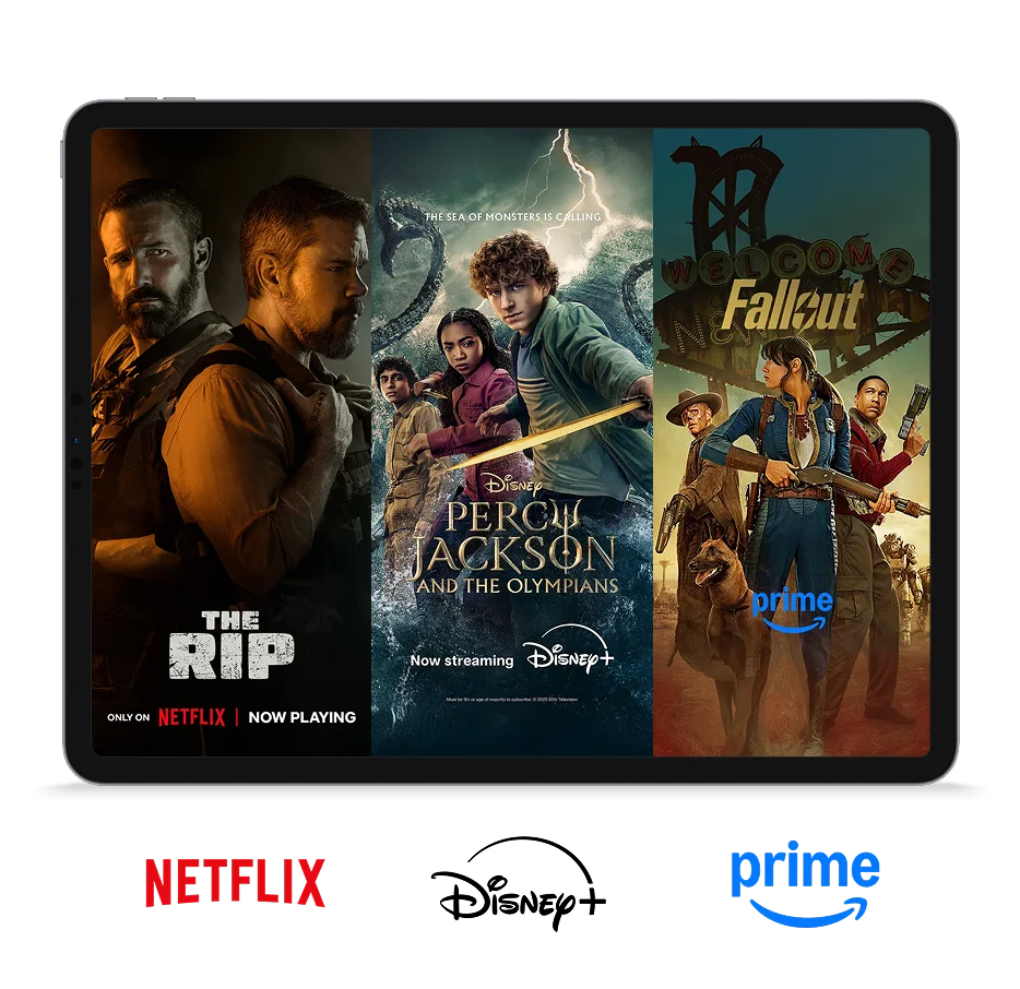 A tablet displaying the posters for The Rip, Percy Jackson and The Olympians, and Fallout.