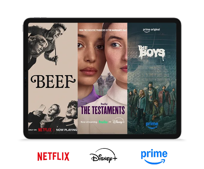 A tablet displaying the posters for Beef, The Testaments and The Boys.