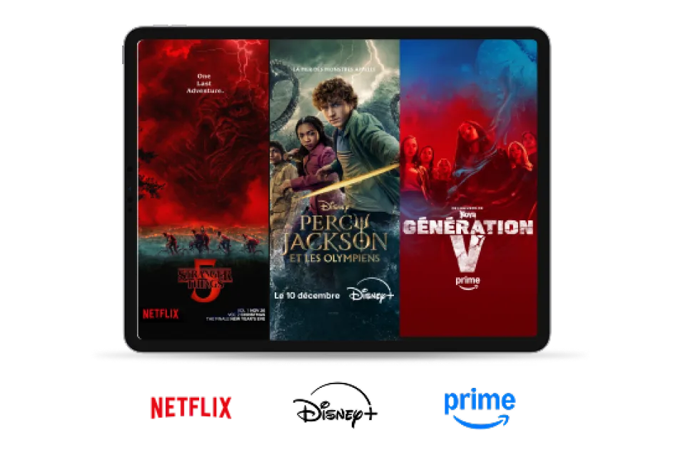 La tablette affiche des affiches pour Stranger Things, Percy Jackson et Gen V. Les logos de Netflix, Disney+ et Amazon Prime se trouvent en dessous de la tablette.