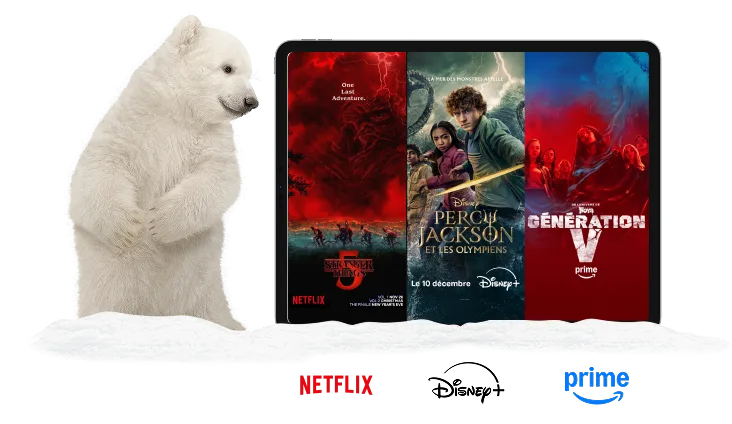 Un ours polaire debout à côté d'une tablette. La tablette affiche des affiches pour Stranger Things, Percy Jackson et Gen V. Les logos de Netflix, Disney+ et Amazon Prime se trouvent en dessous de la tablette.