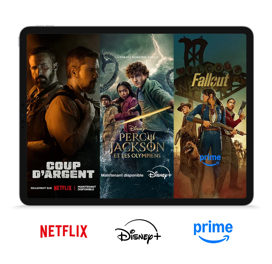Une tablette affiche des affiches de The Rip, Percy Jackson et les Olympiens et Fallout.