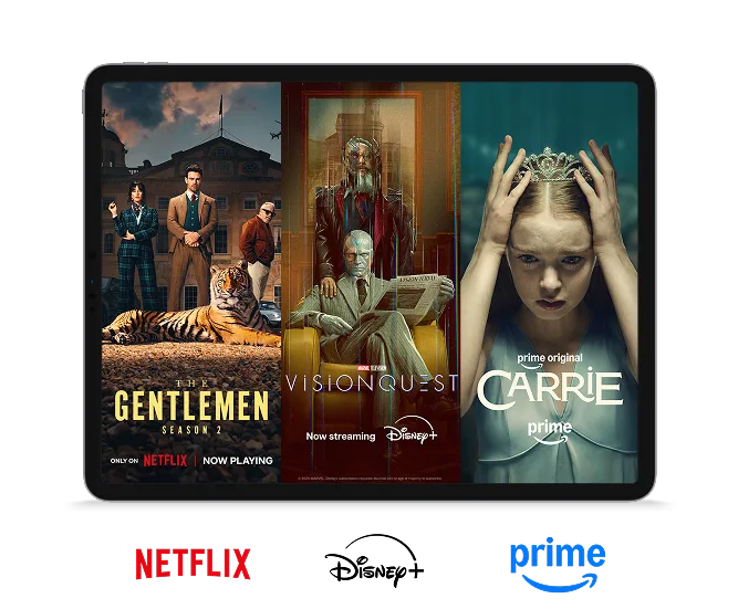 A tablet screen showing titles from Netflix, Disney+, and Prime Video, including The Gentlemen, VisionQuest and Carrie.