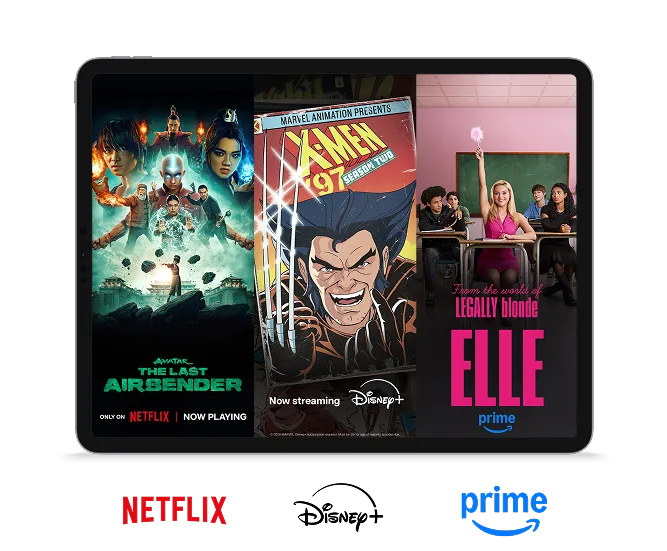 A tablet displays shows from Netflix, Disney+, and Prime Video: Avatar, X-Men '97, and Elle from Legally Blonde.