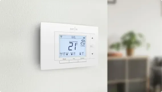 Un thermostat intelligent Wi-Fi Sensi sur le mur d’une maison.