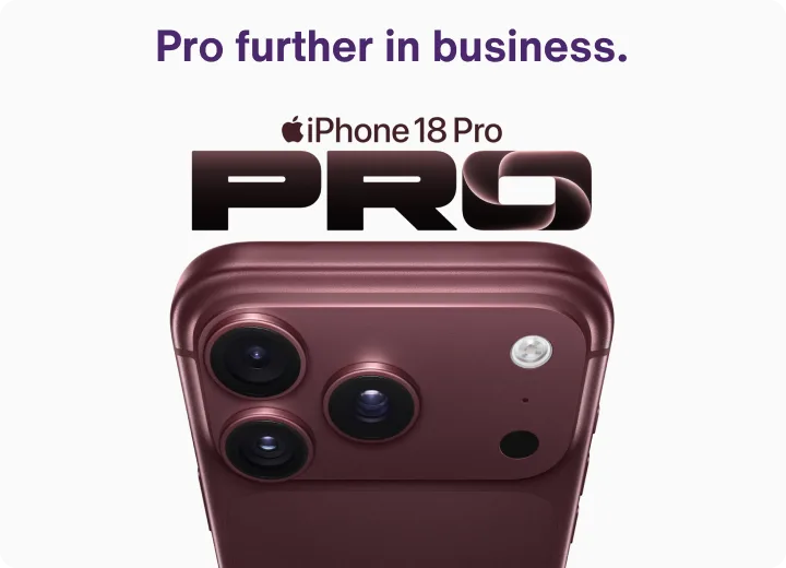 Burgundy iPhone 18 Pro leaning forward with camera visible. Above headline states, “Pro further in business”.