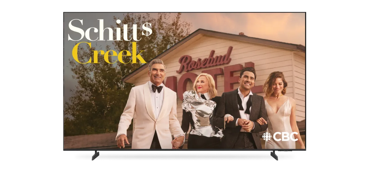A TV displaying the poster for "Schitt's Creek". The logo for CBC Gem is visible at the bottom-right of the screen.